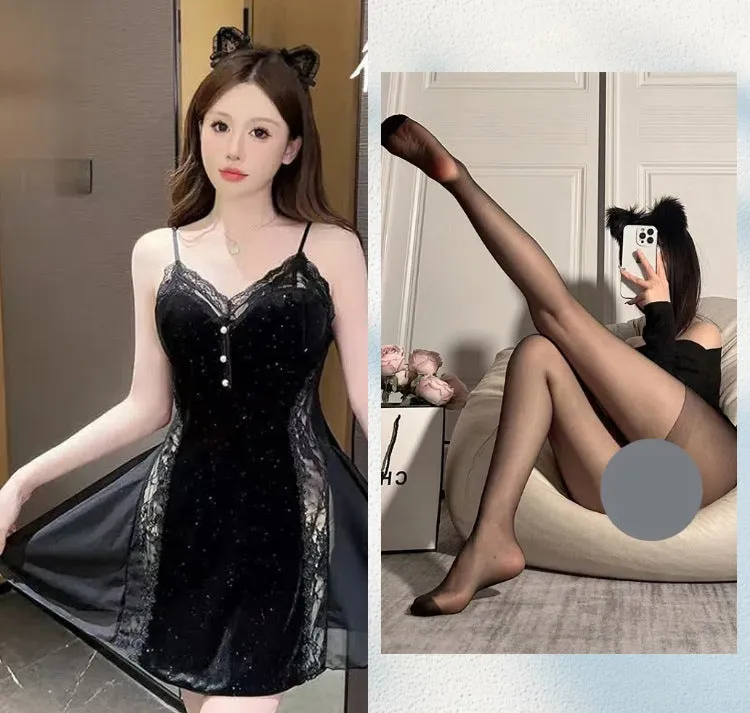 New Plus Size Velvet Lurex Same Style Nightdress Sequin Pearl Strap Sexy Sheer Robe Pajama Set