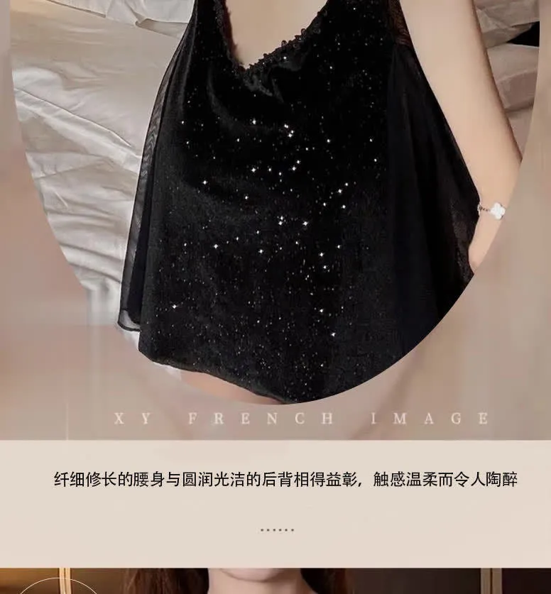 New Plus Size Velvet Lurex Same Style Nightdress Sequin Pearl Strap Sexy Sheer Robe Pajama Set