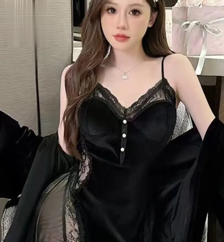 New Plus Size Velvet Lurex Same Style Nightdress Sequin Pearl Strap Sexy Sheer Robe Pajama Set