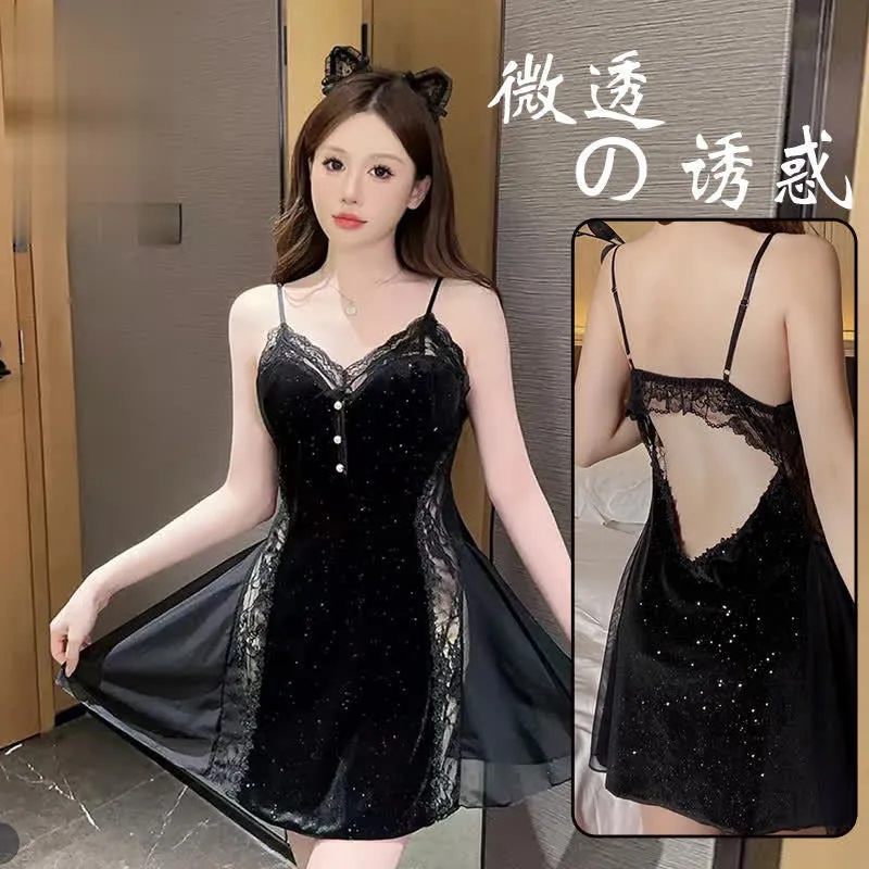 New Plus Size Velvet Lurex Same Style Nightdress Sequin Pearl Strap Sexy Sheer Robe Pajama Set