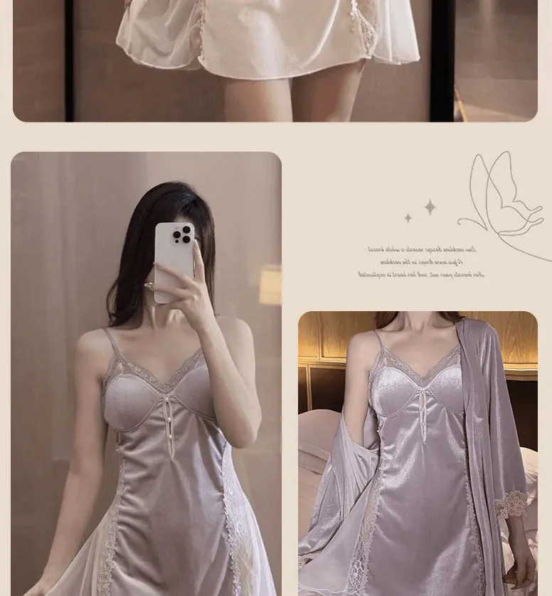 New Plus Size Velvet Lurex Same Style Nightdress Sequin Pearl Strap Sexy Sheer Robe Pajama Set