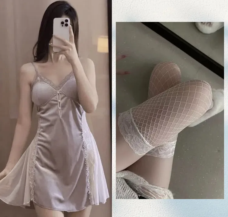 New Plus Size Velvet Lurex Same Style Nightdress Sequin Pearl Strap Sexy Sheer Robe Pajama Set