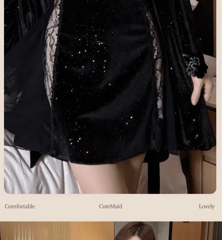 New Plus Size Velvet Lurex Same Style Nightdress Sequin Pearl Strap Sexy Sheer Robe Pajama Set