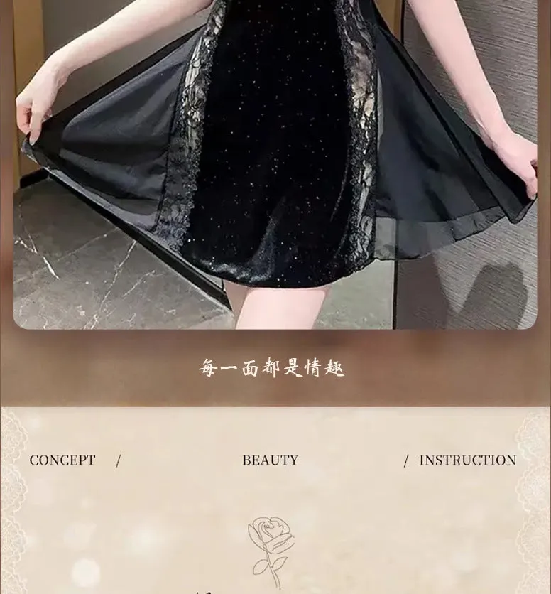 New Plus Size Velvet Lurex Same Style Nightdress Sequin Pearl Strap Sexy Sheer Robe Pajama Set