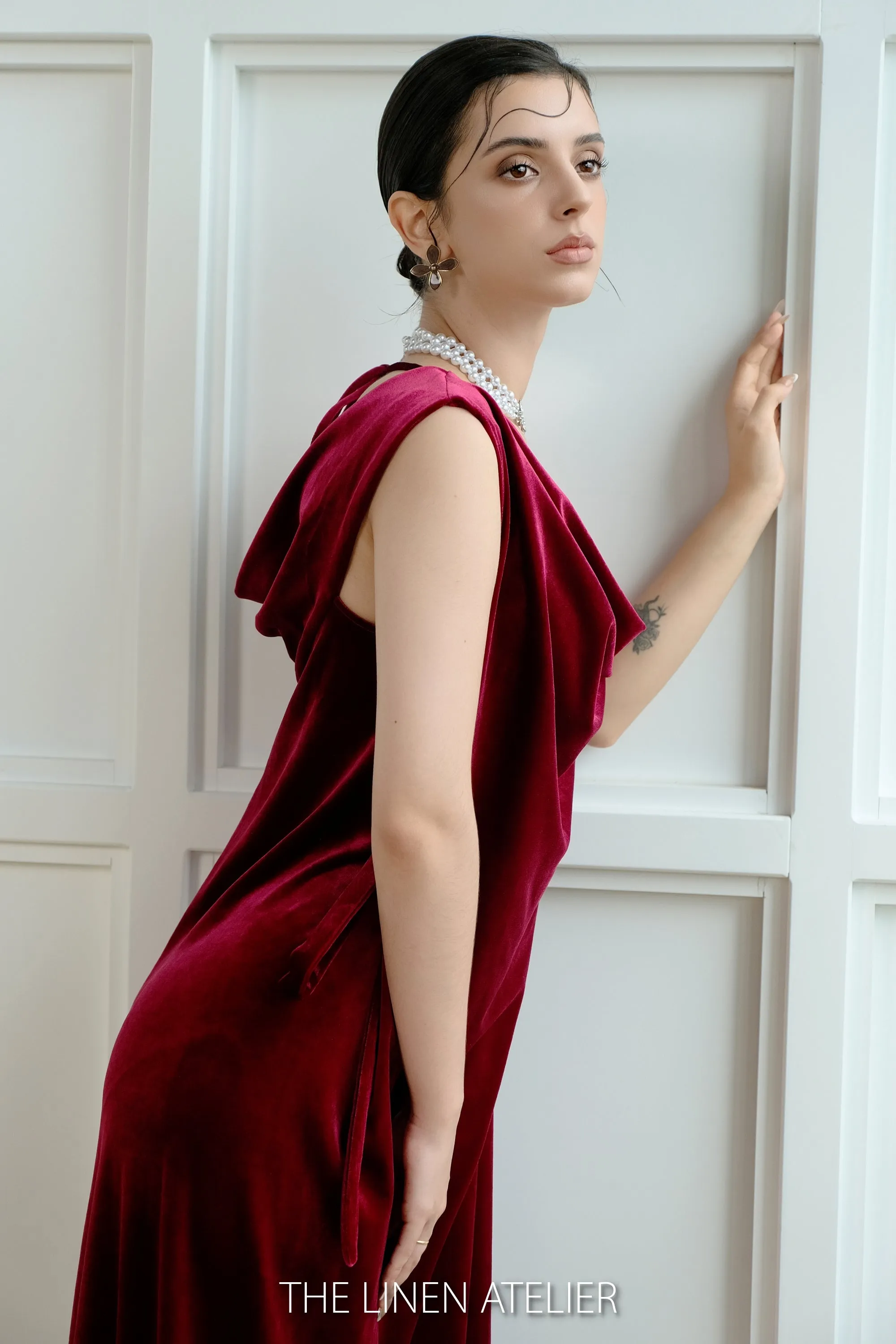 NUTH Cowl Back Tie Waist Velvet Dress