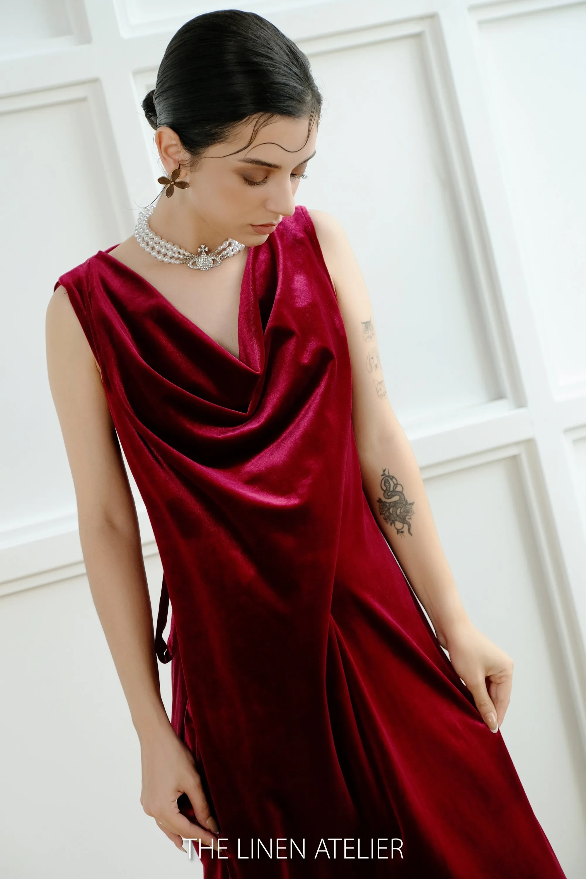 NUTH Cowl Back Tie Waist Velvet Dress