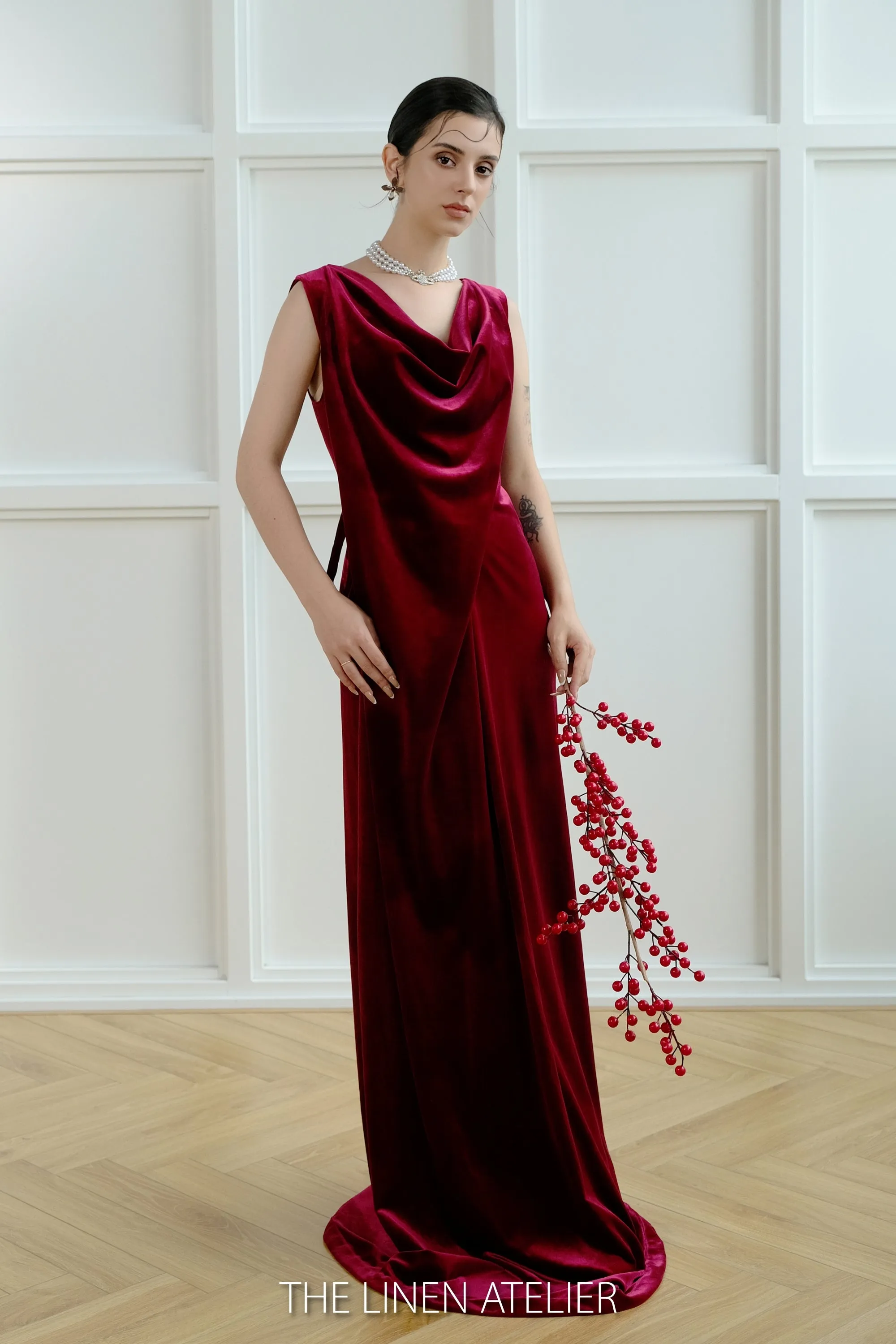NUTH Cowl Back Tie Waist Velvet Dress