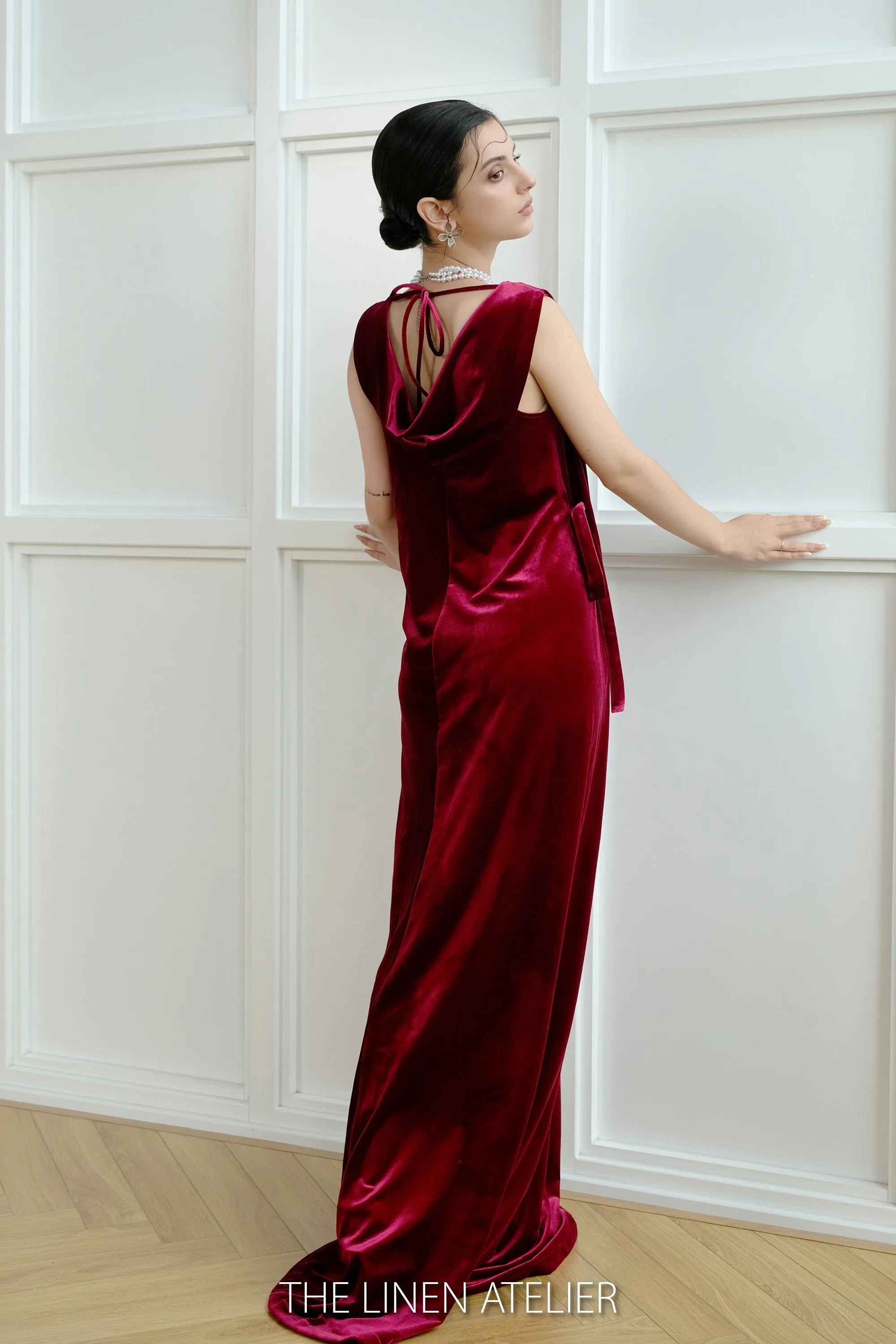 NUTH Cowl Back Tie Waist Velvet Dress