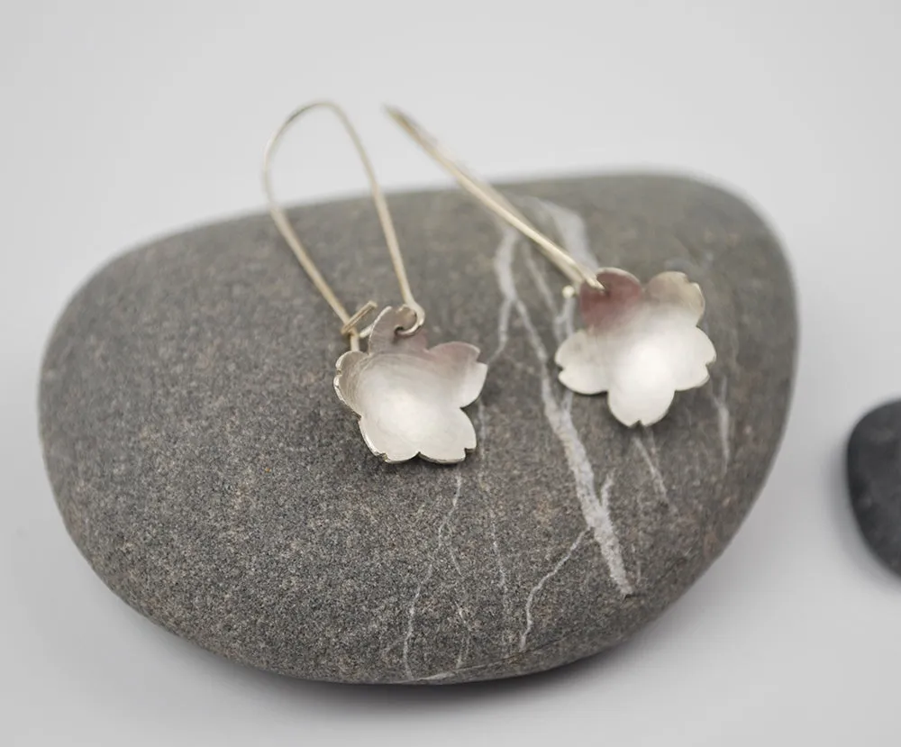 Silver Cherry Blossom Dangle Earring--Brushed Recycled Sterling Silver on Silver Kidney Earwires