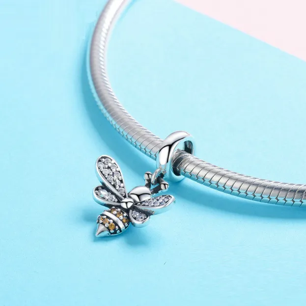 Sparkling Crystal Bee Dangle Charm 925 Sterling Silver
