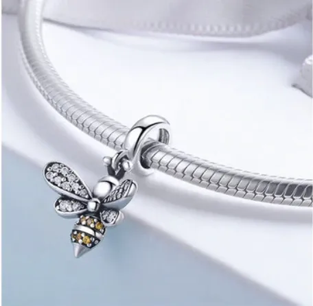 Sparkling Crystal Bee Dangle Charm 925 Sterling Silver
