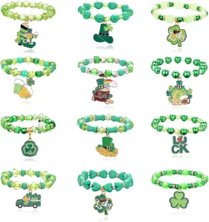 Spiritlele 12 Pieces St. Patrick's Day Green Lucky Leaf Charm Bracelets Costume Beaded Strand Stretch Bracelet Wristband Set