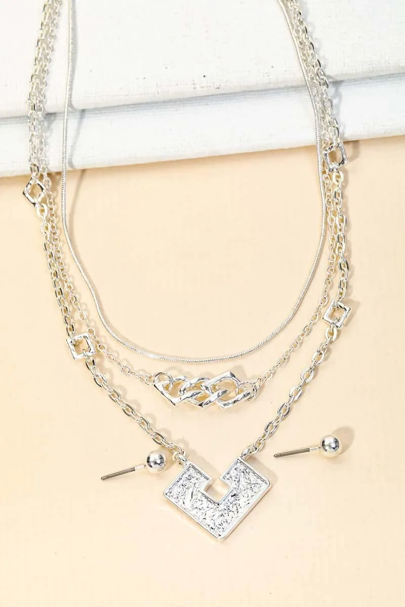 Square Shape Pendant Layered Chain Necklace & Ball Jewelry Sets