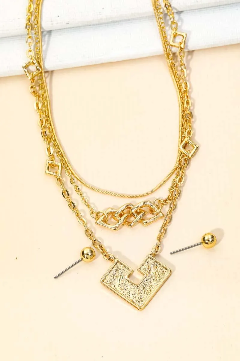 Square Shape Pendant Layered Chain Necklace & Ball Jewelry Sets