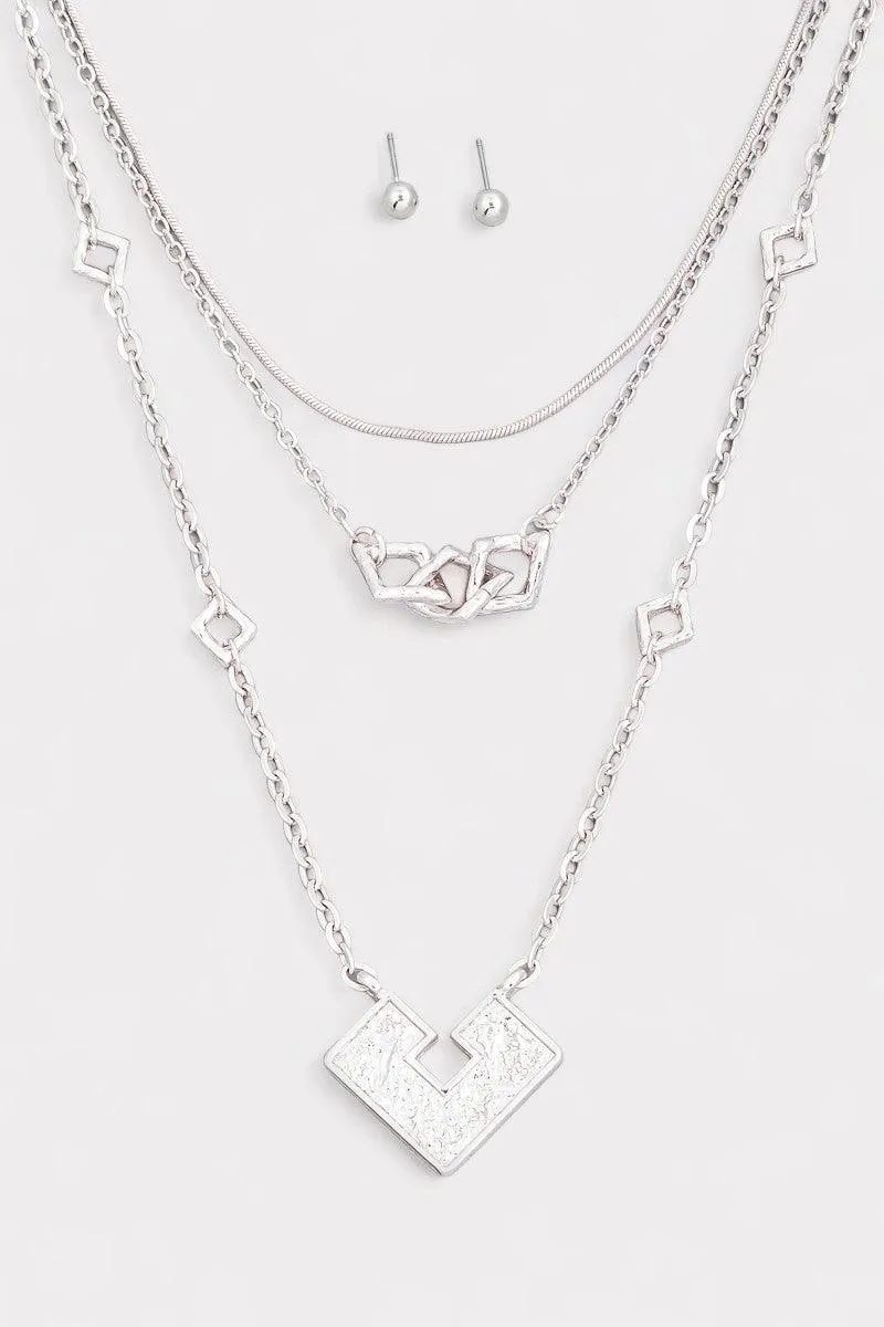 Square Shape Pendant Layered Chain Necklace & Ball Jewelry Sets