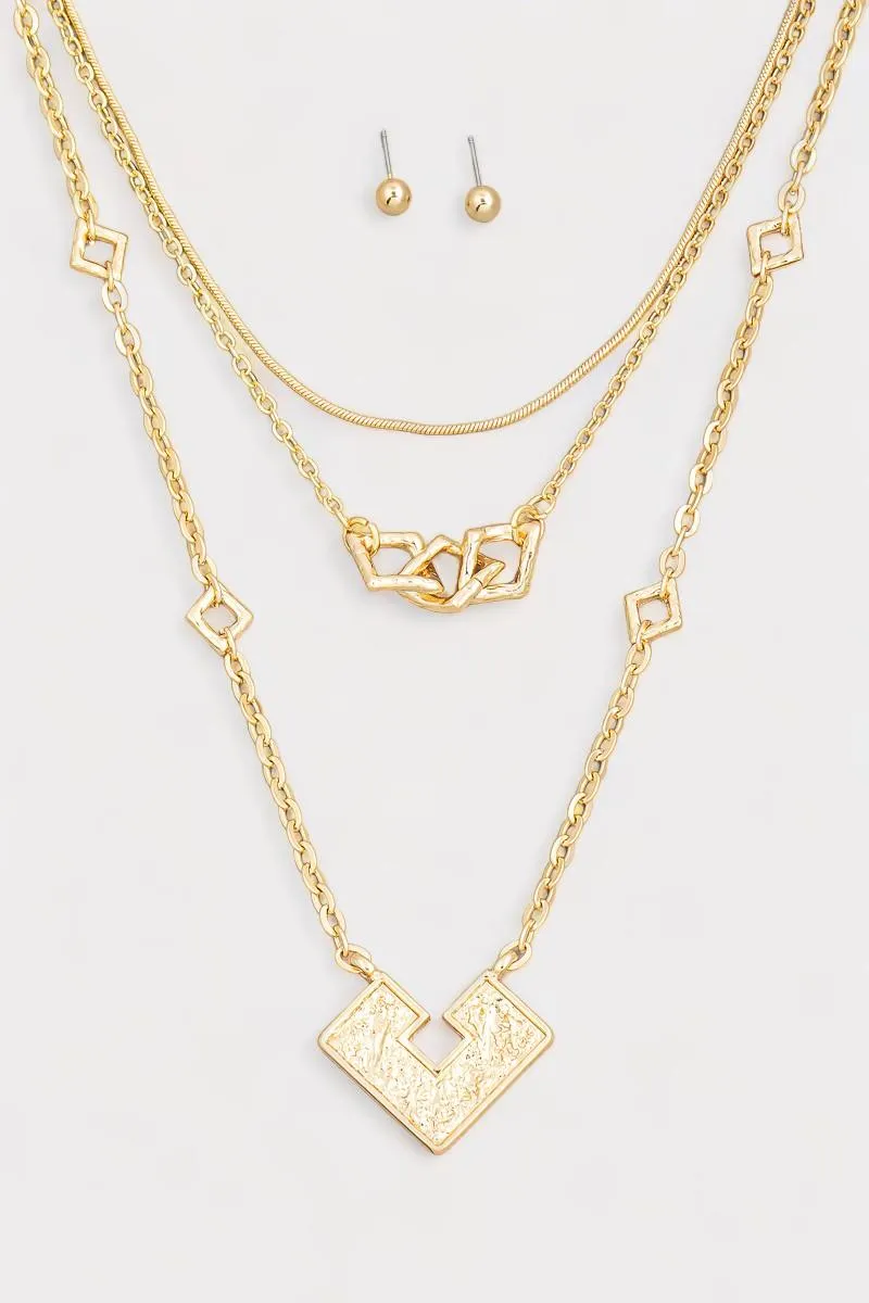 Square Shape Pendant Layered Chain Necklace & Ball Jewelry Sets