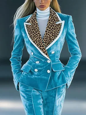 Stylish Blue Velvet Blazer With Leopard Print Lapel