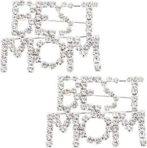 SUPERFINDINGS 2Pcs Best Mom Brooch Mother's Day Theme Word Best Mom Alloy Rhinestone Platinum Crystal Brooches Brooch Pin for Mum Woman Mothers Day Birthday Thanksgiving Day