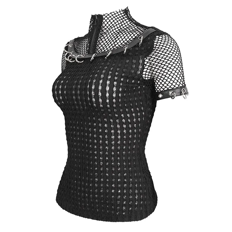 TT265 Punk big diamond mesh striped embossed knitted women's T-shirt