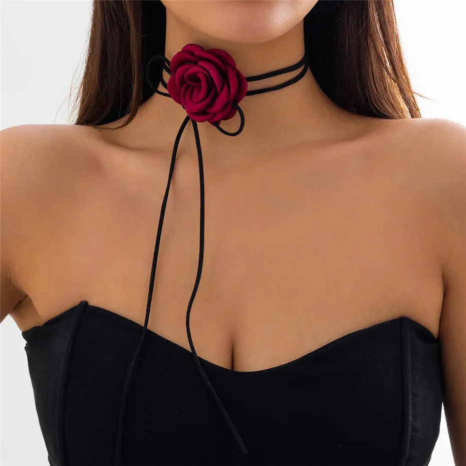 Vintage Elegant Rose Flower Choker Necklace Velvet Collar Choker for Weddings, Parties and Holiday