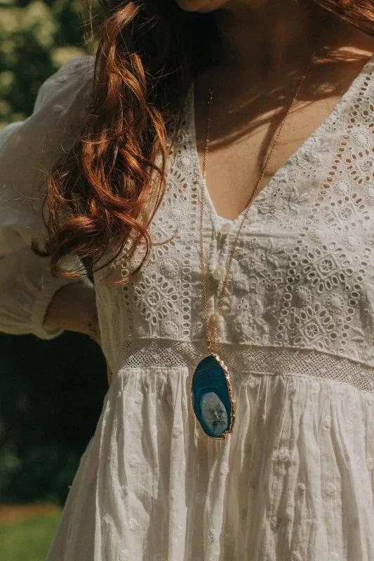 Xander Kostroma Gold Tone & Blue Agate Crystal Long Length Statement Necklace- 68 cm long | Unique Handmade Crystal Jewelry | Stylish Boho Necklace | Healing Crystals for Confidence & Calm | Perfect Gift for Her